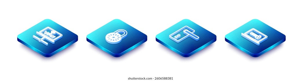Set Isometric line VPN Computer network, Safe combination lock wheel, Door handle and Laptop with password icon. Vector