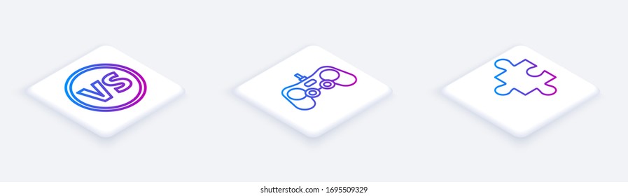 Set Isometric line VS Versus battle, Gamepad and Piece of puzzle. White square button. Vector