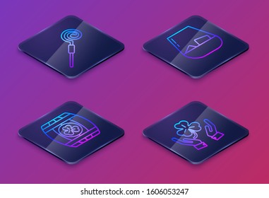 Set Isometric line Walking stick, Wooden barrel with four leaf clover, Glass of whiskey and Human hands holding four leaf clover. Blue square button. Vector