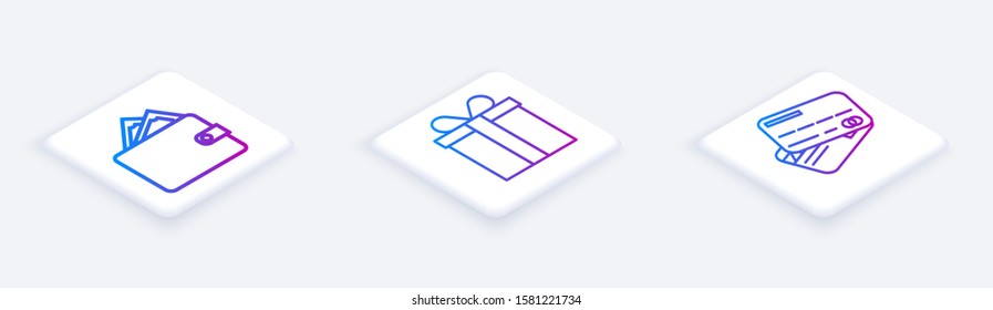 Set Isometric line Wallet with stacks paper money cash, Gift box and Credit card. White square button. Vector