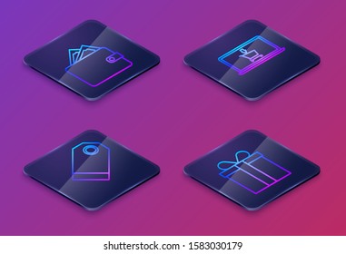Set Isometric line Wallet with stacks paper money cash, Blank label template price tag, Shopping cart on screen laptop and Gift box. Blue square button. Vector