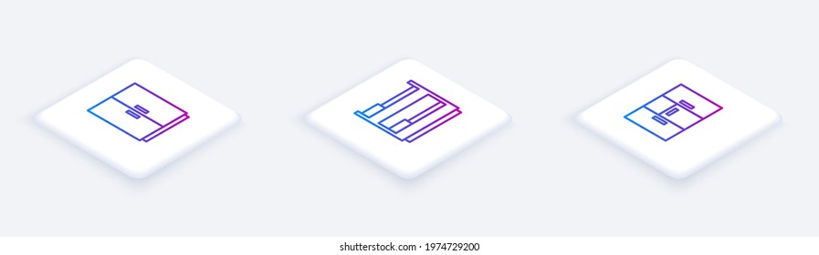 Set Isometric line Wardrobe, Bunk bed and . White square button. Vector