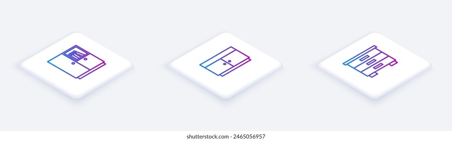 Conjunto de línea isométrica Armario, Cajonera y Muebles mesita de noche. Botón cuadrado blanco. Vector