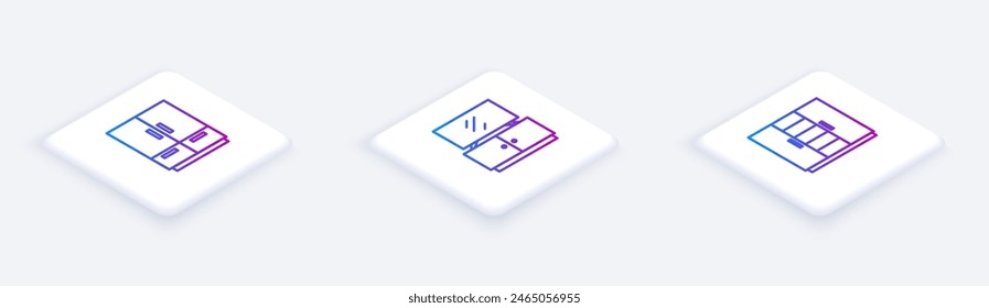 Set Línea isométrica Armario, soporte de mesa de TV y . Botón cuadrado blanco. Vector
