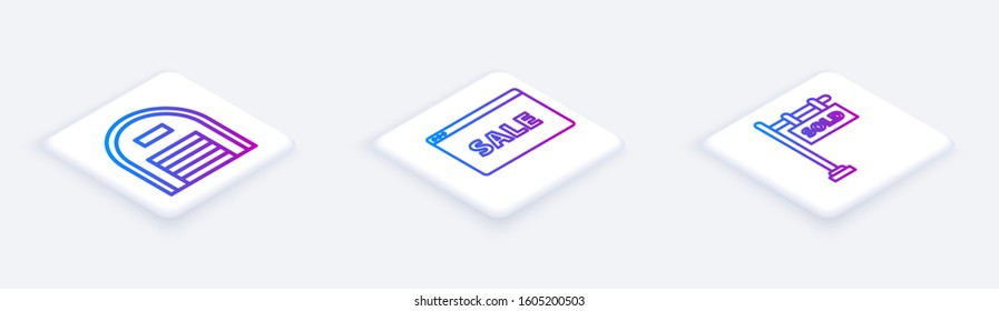 Set Isometric line Warehouse, Hanging sign with text Online Sale and Hanging sign with text Sold. White square button. Vector