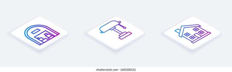 Set Isometric line Warehouse, Table lamp and Home symbol. White square button. Vector