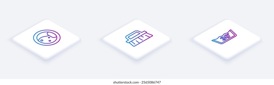Set Isometric line Washer, Brush for cleaning and Temperature wash. White square button. Vector