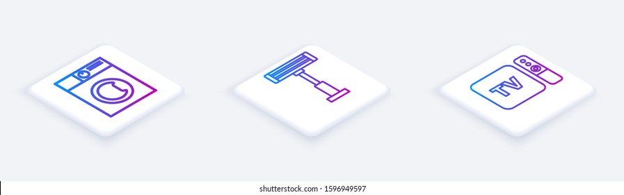 Set Isometric line Washer , Electric heater  and TV box receiver and player with remote controller . White square button. Vector