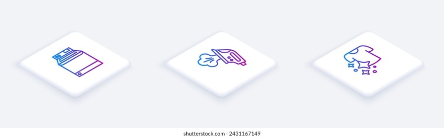 Set Lavadora de línea isométrica, plancha eléctrica y ropa de secado. Botón cuadrado blanco. Vector