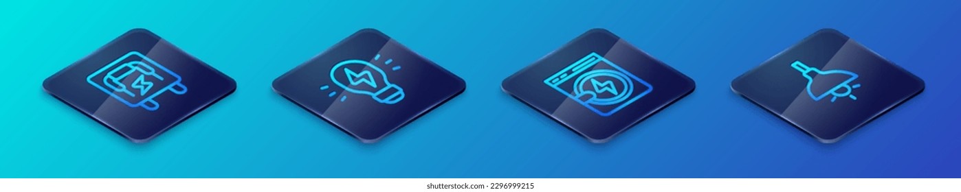 Ajuste el lavaparabrisas de línea isométrica, panel eléctrico, colgante de la lámpara y icono de la luz creativa. Vector