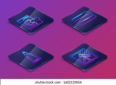Set Isometric line Washer and t-shirt , Plastic bottles for liquid dishwashing liquid, Towel stack  and Squeegee, scraper, wiper. Blue square button. Vector