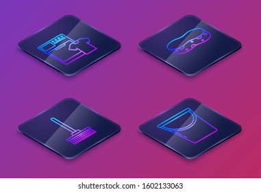 Set Isometric line Washer and t-shirt , Mop , Sponge  and Bucket . Blue square button. Vector