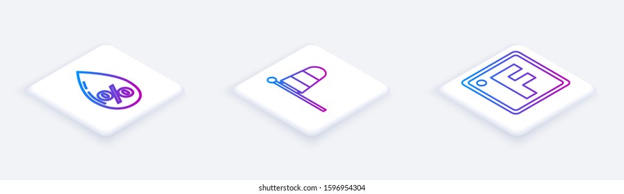 Set Isometric line Water drop percentage, Cone meteorology windsock wind vane and Fahrenheit. White square button. Vector