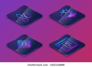 Set Isometric line Water drop, Snowflake, Windy weather and Fahrenheit. Blue square button. Vector