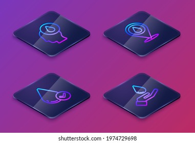 Set Isometric line Water drop, , with location and Washing hands soap. Blue square button. Vector
