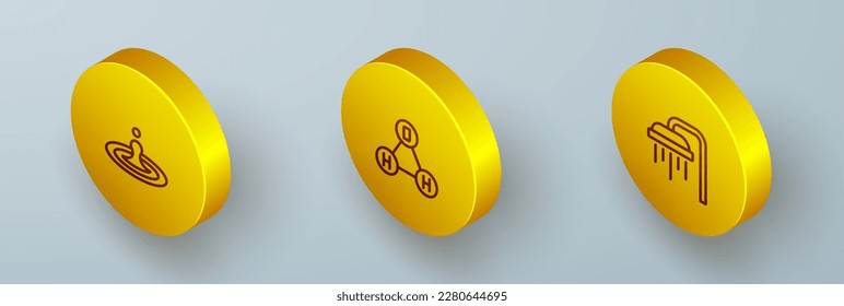 Set Isometric line Water drop, Chemical formula water H2O and Shower icon. Vector