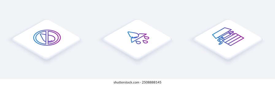 Set Isometric line Water drop forbidden, Recycle clean aqua and Well with bucket. White square button. Vector