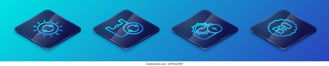 Set Isometric line Water mill, Solar energy panel, Banner for bio and Shopping bag with recycle icon. Vector