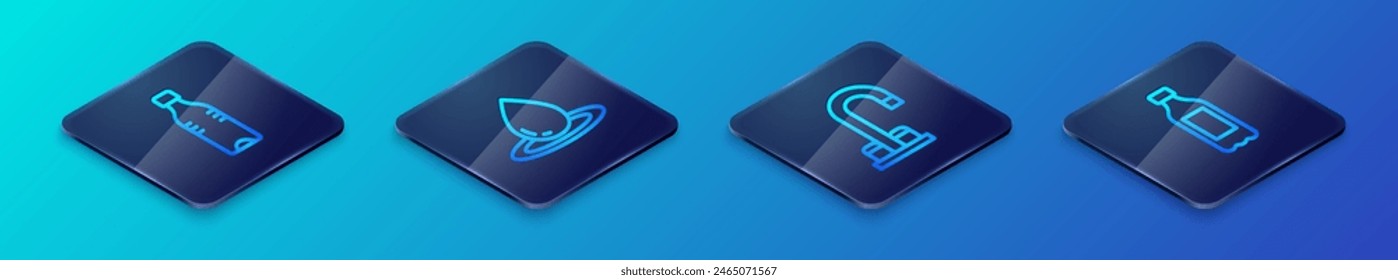 Establecer la línea isométrica Grifo de agua, botella de agua, y el icono de la gota. Vector
