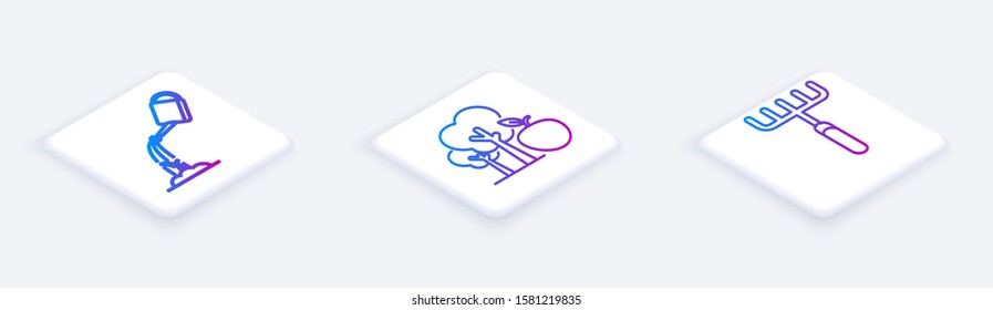 Set Isometric line Watering can with water, Tree with apple and Garden rake. White square button. Vector
