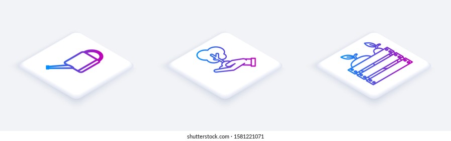 Set Isometric line Watering can, Tree in hand of environmental protection and Wooden box for fruits and vegetables. White square button. Vector