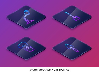 Set Isometric line Watering can with water, Tree in pot, Shovel and Garden trowel spade or shovel. Blue square button. Vector