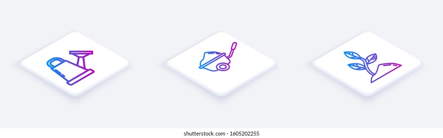 Set Isometric line Watering can, Wheelbarrow with dirt and Sprout. White square button. Vector