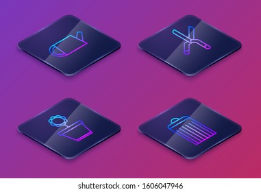 Set Isometric line Watering can, Flower in pot, Gardening handmade scissors and Trash can. Blue square button. Vector