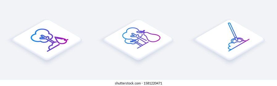 Set Isometric line Watering Tree, Tree with pears and Shovel in the ground. White square button. Vector