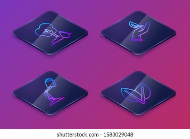 Set Isometric line Watering Tree, Watering can with water, Sprout in hand of environmental protection and Leafs. Blue square button. Vector