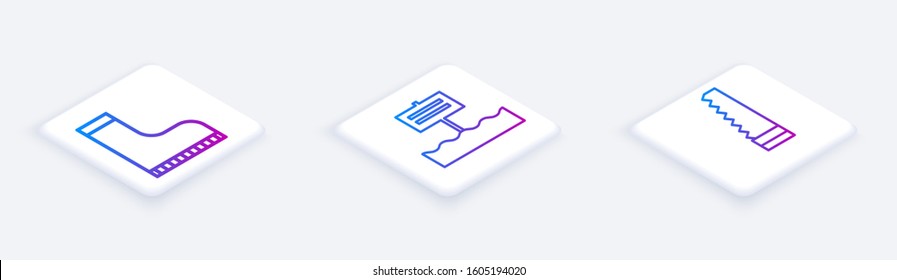 Set Isometric line Waterproof rubber boot, Blank wooden sign board and Garden saw. White square button. Vector