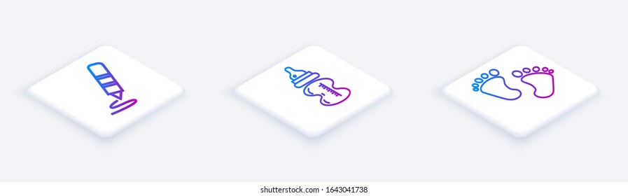 Set Isometric line Wax crayon for drawing, Baby bottle and Baby footprints. White square button. Vector