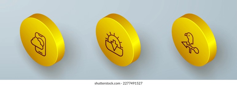 Set Isometric line Weather forecast app, Sunset and Rooster weather vane icon. Vector
