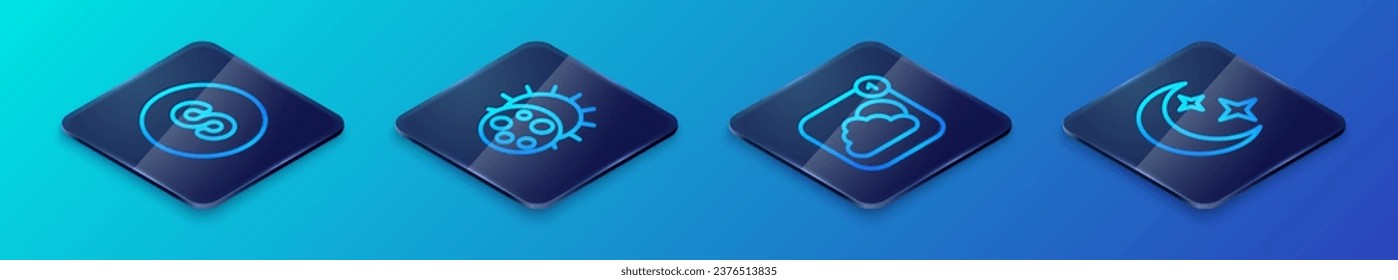 Establece la línea isométrica Aplicación de pronóstico del tiempo, Compass sur, Luna y estrellas y Eclipse del icono del sol. Vector