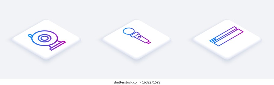 Set Isometric line Web camera, Joystick for arcade machine and Video game console. White square button. Vector