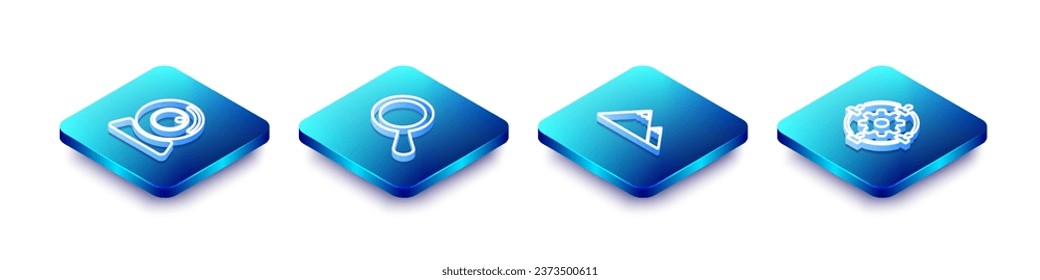 Set Isometric line Web camera, Magnifying glass, Mountains and Outsourcing concept icon. Vector