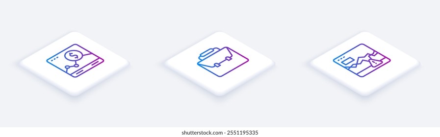 Sitio web de línea isométrica con gráfico de crecimiento, maletín y mercado de valores de fracaso. Botón cuadrado blanco. Vector