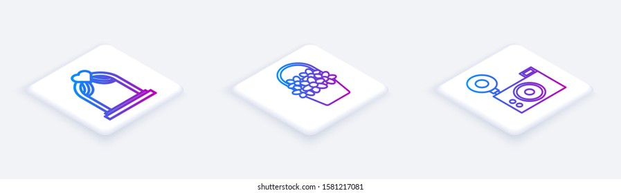 Set Isometric line Wedding arch, Flowers in a basket and Photo camera. White square button. Vector