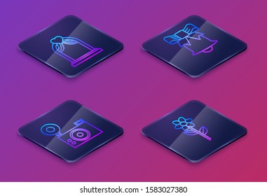 Set Isometric line Wedding arch, Photo camera, Ringing bell and Flower. Blue square button. Vector
