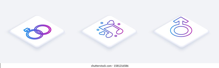 Set Isometric line Wedding rings, Music note, tone with hearts and Male gender symbol. White square button. Vector