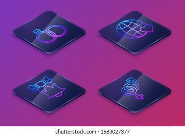 Set Isometric line Wedding rings, Ringing bell, The heart world love and Gender. Blue square button. Vector