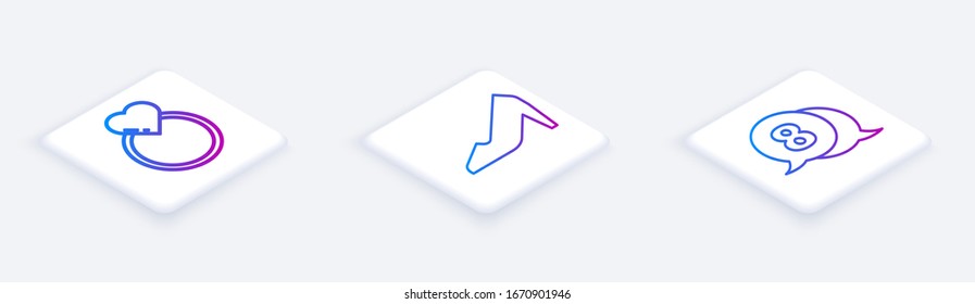 Set Isometric line Wedding rings, Woman shoe and 8 March in speech bubble. White square button. Vector