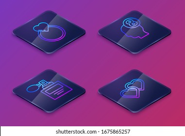 Set Isometric line Wedding rings, Perfume, 8 March in human head and Two Linked Hearts. Blue square button. Vector