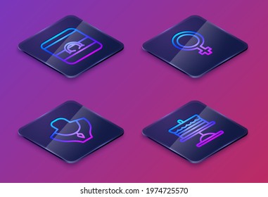Set Isometric line Wedding rings, Necklace on mannequin, Female gender symbol and Cake plate. Blue square button. Vector