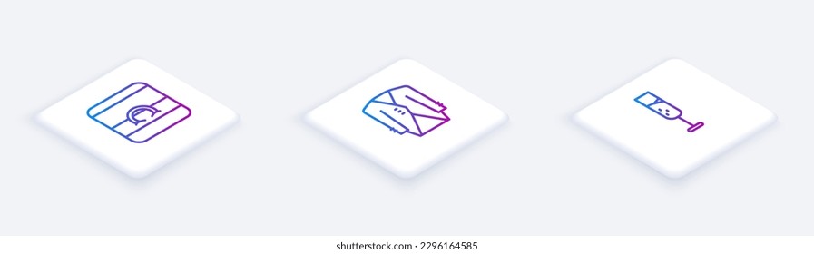 Set Isometric line Wedding rings, Suit and Glass of champagne. White square button. Vector