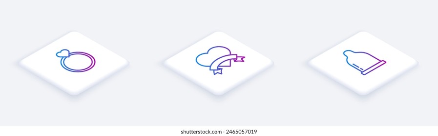 Set Línea isométrica Anillos de boda, corazón y condón. Botón cuadrado blanco. Vector