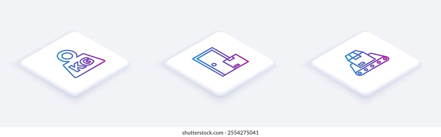 Set Isometric line Weight, Home delivery services and Conveyor belt with box. White square button. Vector