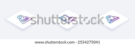 Set Isometric line Weight, Home delivery services and Conveyor belt with box. White square button. Vector