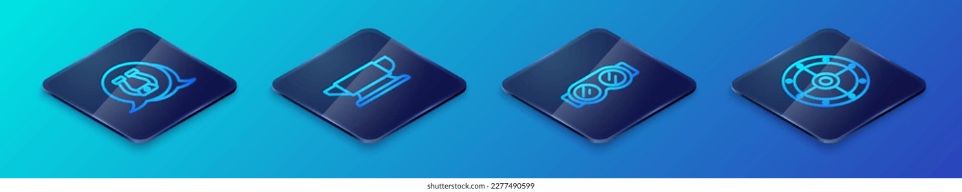 Set Isometric line Welding glasses, Horseshoe, Round shield and Blacksmith anvil tool icon. Vector