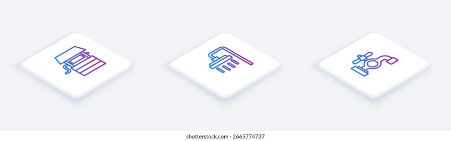 Definir linha isométrica Bem com balde, chuveiro e torneira de água. Botão quadrado branco. Vetor